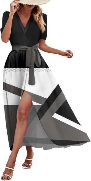 Maxi Dresses for Women 2025 Summer V Neck Short Sleeve T Shirt Dress Casual Flowy High Split A Line Beach Sundress