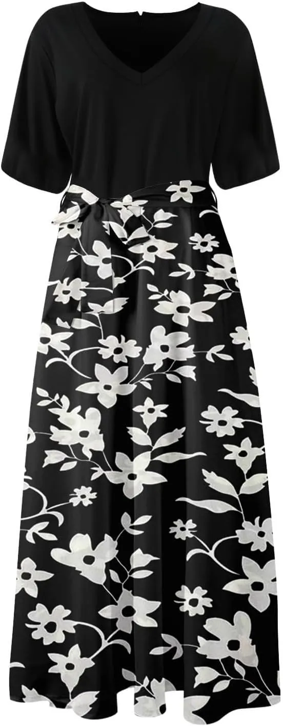 Maxi Dresses for Women 2025 Summer V Neck Short Sleeve T Shirt Dress Casual Flowy High Split A Line Beach Sundress