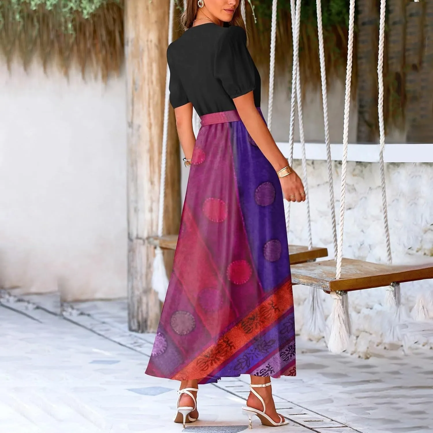 Maxi Dresses for Women 2025 Summer V Neck Short Sleeve T Shirt Dress Casual Flowy High Split A Line Beach Sundress