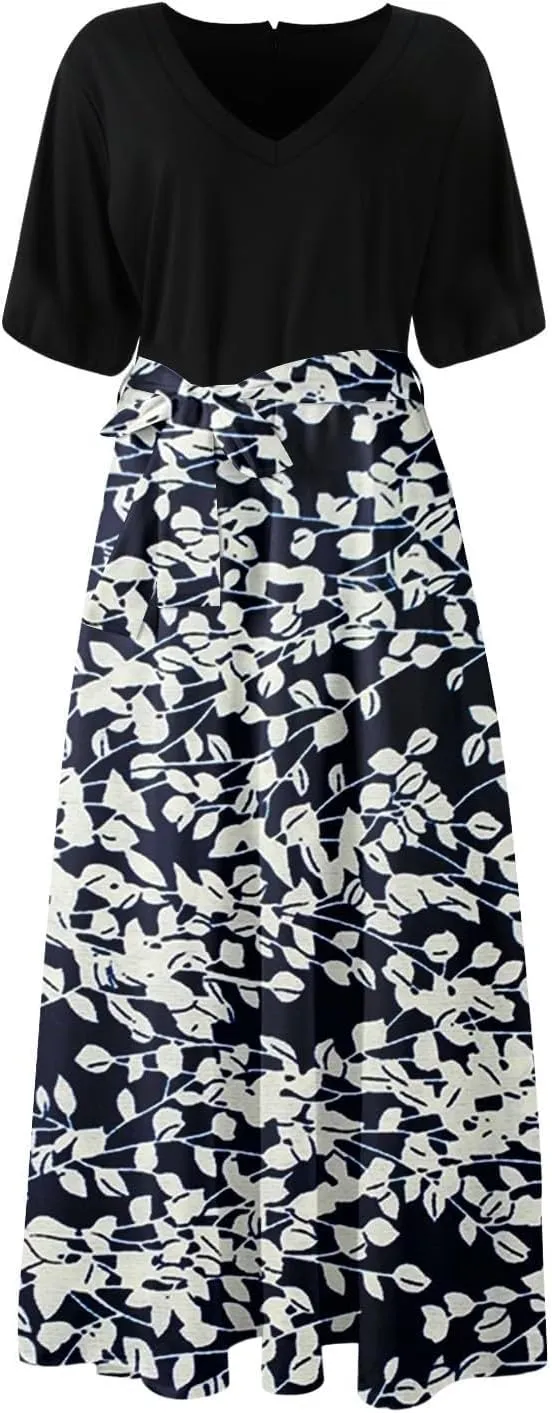 Maxi Dresses for Women 2025 Summer V Neck Short Sleeve T Shirt Dress Casual Flowy High Split A Line Beach Sundress