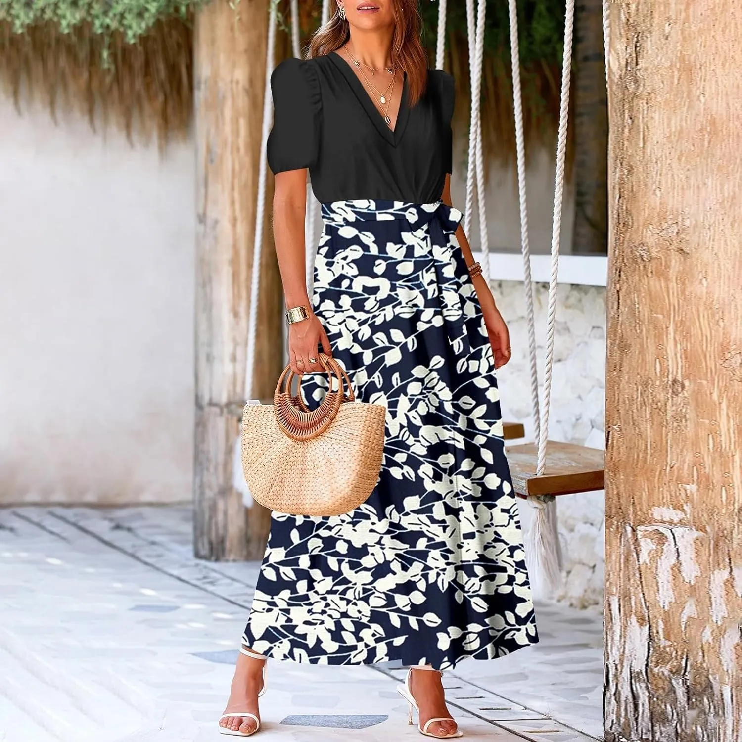 Maxi Dresses for Women 2025 Summer V Neck Short Sleeve T Shirt Dress Casual Flowy High Split A Line Beach Sundress