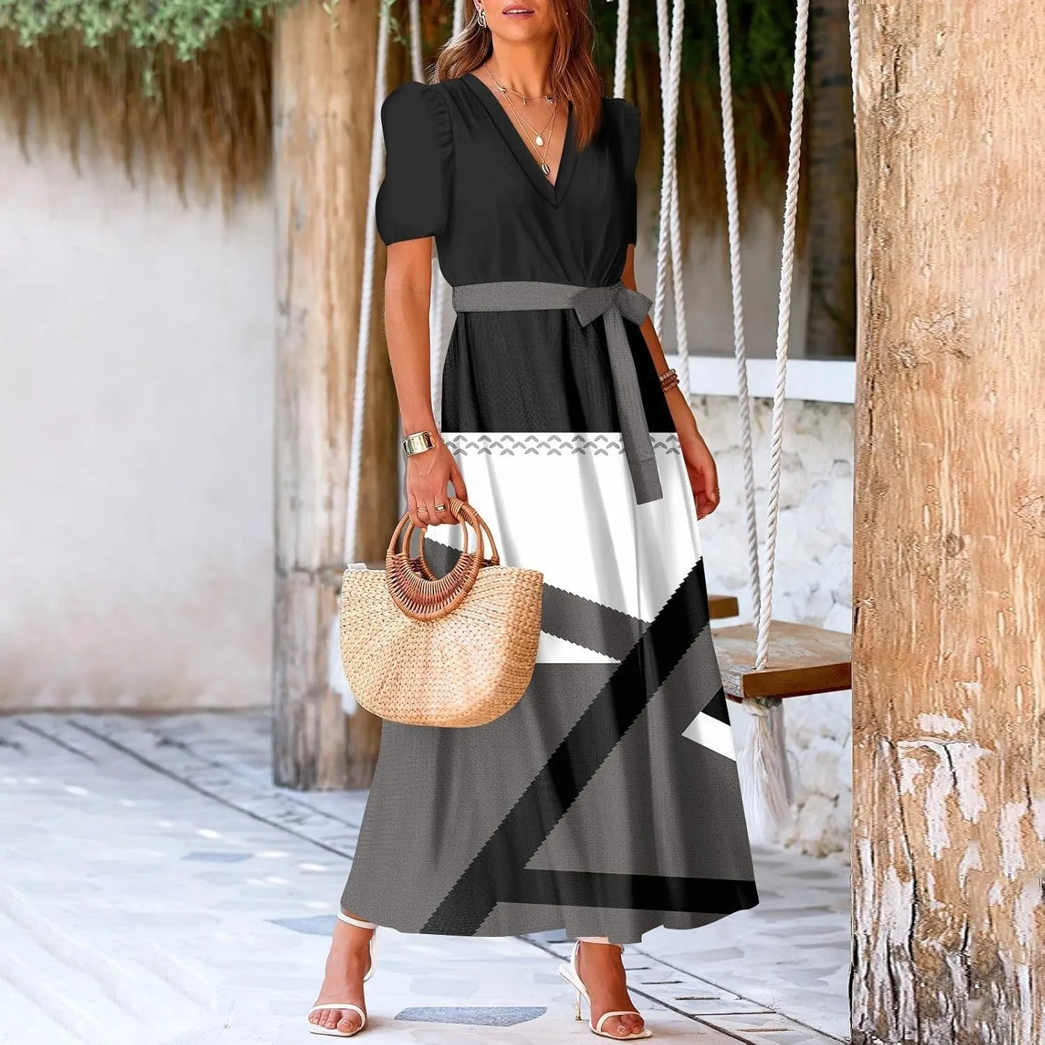 Maxi Dresses for Women 2025 Summer V Neck Short Sleeve T Shirt Dress Casual Flowy High Split A Line Beach Sundress
