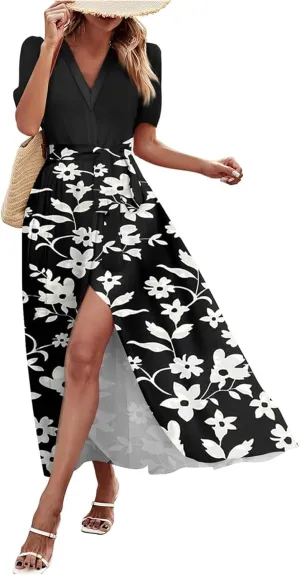 Maxi Dresses for Women 2025 Summer V Neck Short Sleeve T Shirt Dress Casual Flowy High Split A Line Beach Sundress