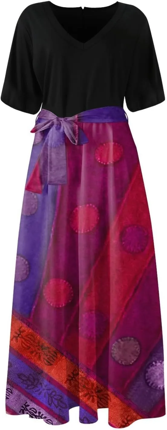 Maxi Dresses for Women 2025 Summer V Neck Short Sleeve T Shirt Dress Casual Flowy High Split A Line Beach Sundress