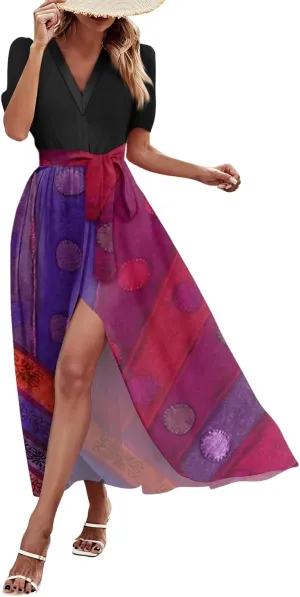 Maxi Dresses for Women 2025 Summer V Neck Short Sleeve T Shirt Dress Casual Flowy High Split A Line Beach Sundress