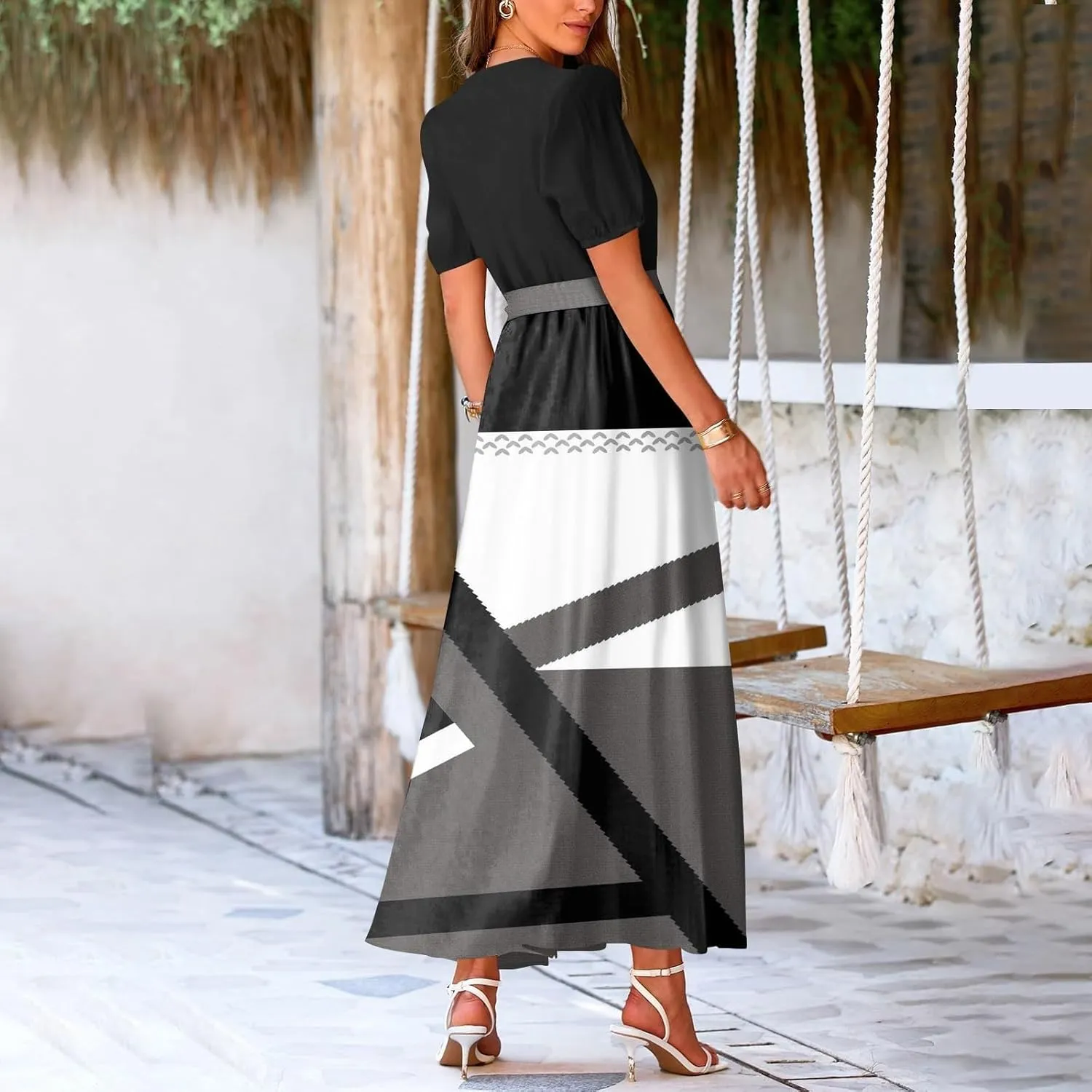 Maxi Dresses for Women 2025 Summer V Neck Short Sleeve T Shirt Dress Casual Flowy High Split A Line Beach Sundress