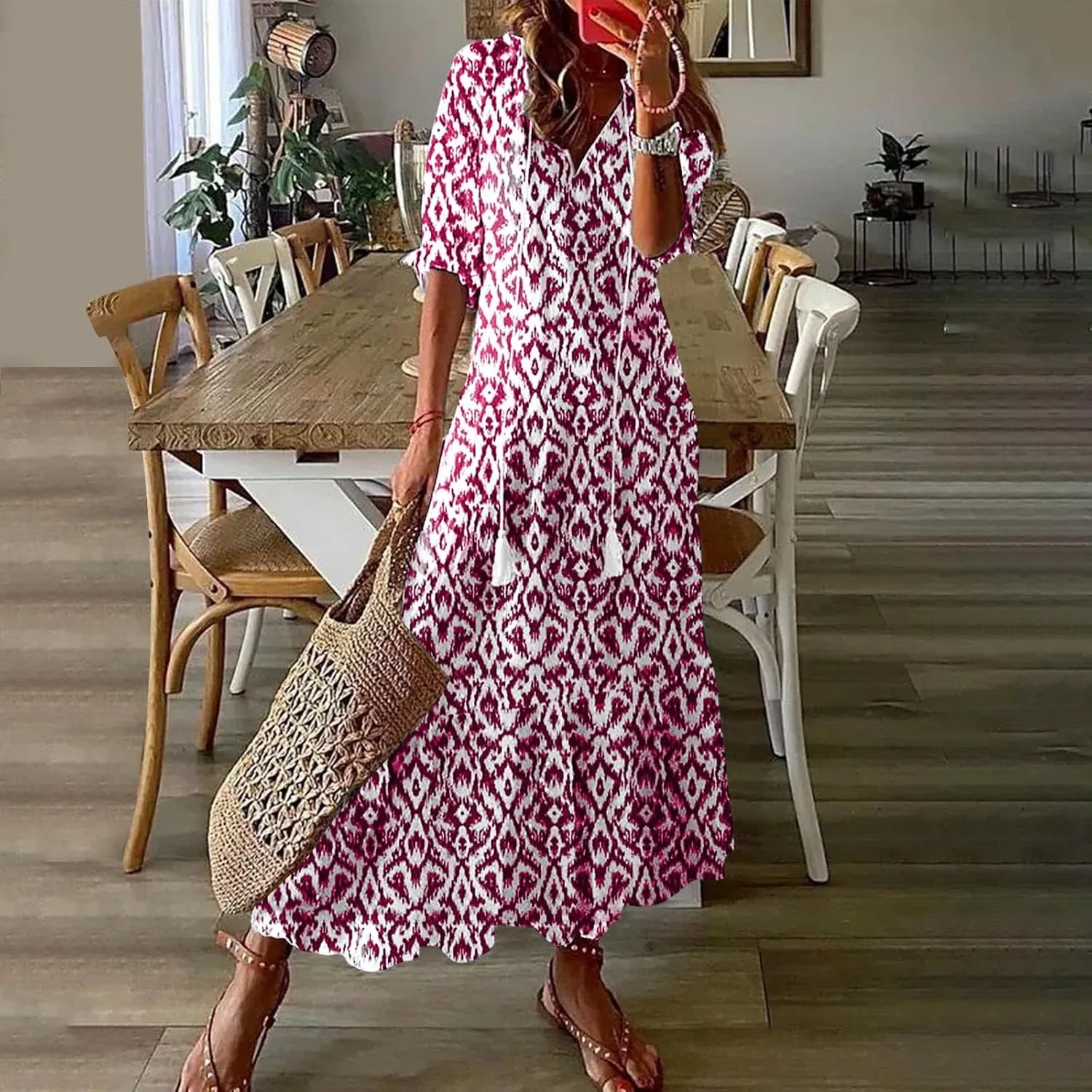 Maxi Dresses for Women 2025 V Neck Vintage Floral Dress Drawstring V Neck Spring Summer Dresses Beach Sundress