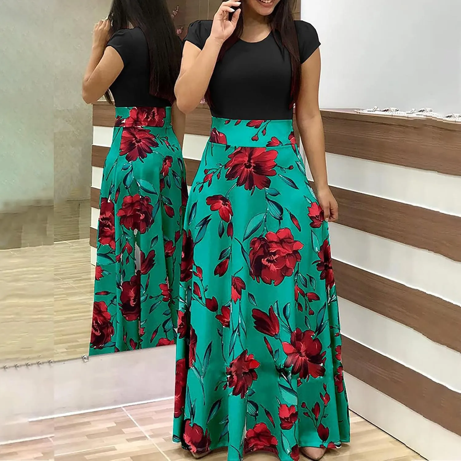 Maxi Dresses for Women's Plus Size Boho Floral Dress Beach Sundress Fashion Short Sleeves Midi Swing Party Dress
