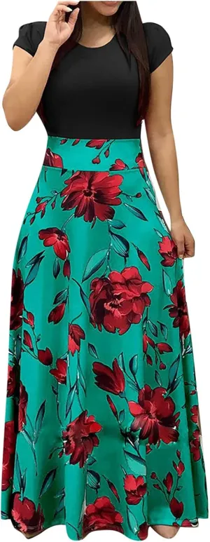 Maxi Dresses for Women's Plus Size Boho Floral Dress Beach Sundress Fashion Short Sleeves Midi Swing Party Dress