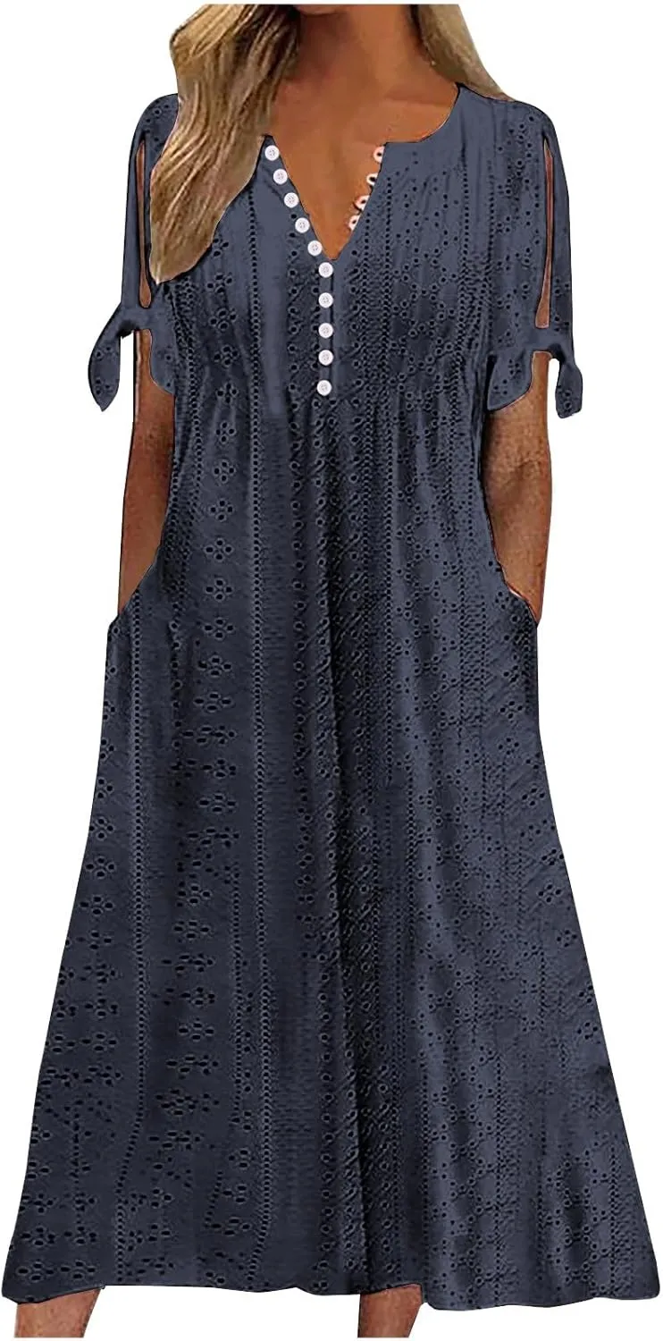 Maxi Long Dresses for Women 2025 Trendy Eyelet Dress Short Sleeve Tshirt Dress Casual Summer Beach Vacation Sundress