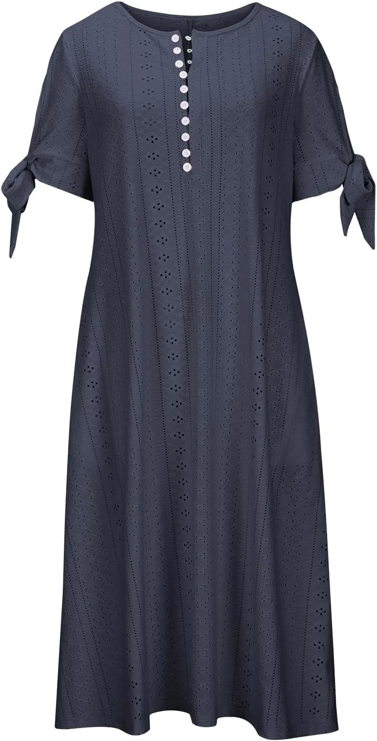 Maxi Long Dresses for Women 2025 Trendy Eyelet Dress Short Sleeve Tshirt Dress Casual Summer Beach Vacation Sundress