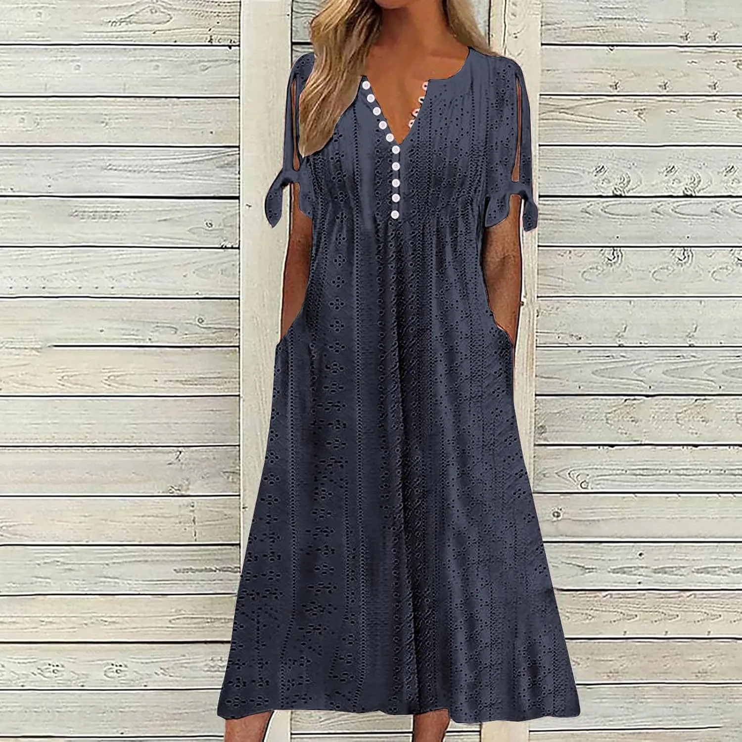 Maxi Long Dresses for Women 2025 Trendy Eyelet Dress Short Sleeve Tshirt Dress Casual Summer Beach Vacation Sundress