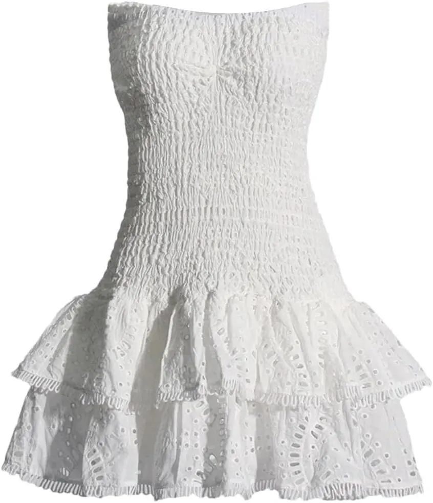 Mini A Line Dresses Strapless Sleeveless High Waist Spliced Ruffles Hem Elegant Slim Dress