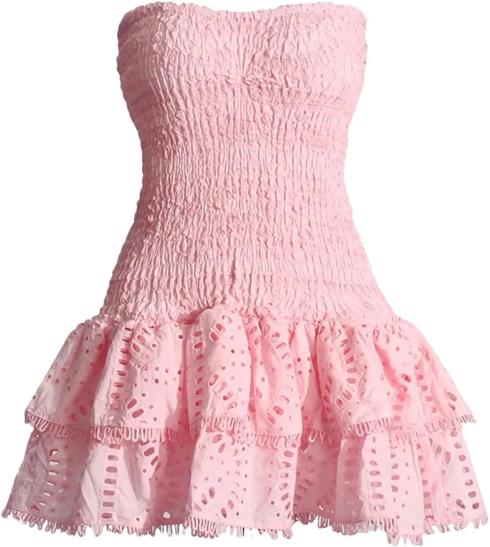 Mini A Line Dresses Strapless Sleeveless High Waist Spliced Ruffles Hem Elegant Slim Dress