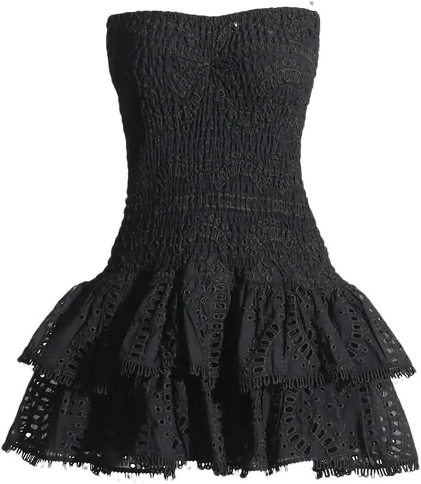 Mini A Line Dresses Strapless Sleeveless High Waist Spliced Ruffles Hem Elegant Slim Dress