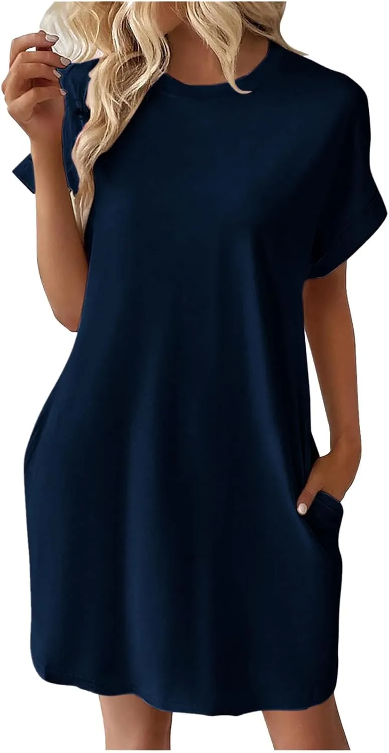 Mini Dress for Women Beach Vacation Pocket Mini Dresses for Women with Short Sleeves Summer Casual Loose Wrap Dress