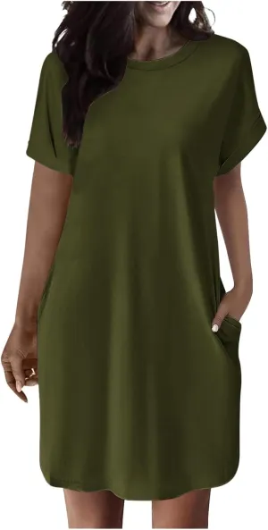 Mini Dress for Women Beach Vacation Pocket Mini Dresses for Women with Short Sleeves Summer Casual Loose Wrap Dress