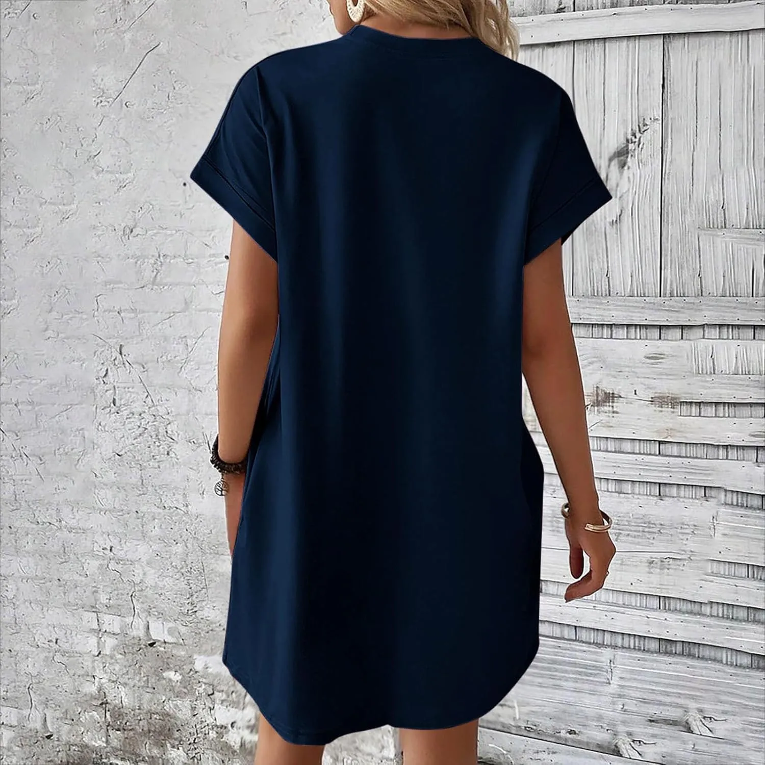 Mini Dress for Women Beach Vacation Pocket Mini Dresses for Women with Short Sleeves Summer Casual Loose Wrap Dress