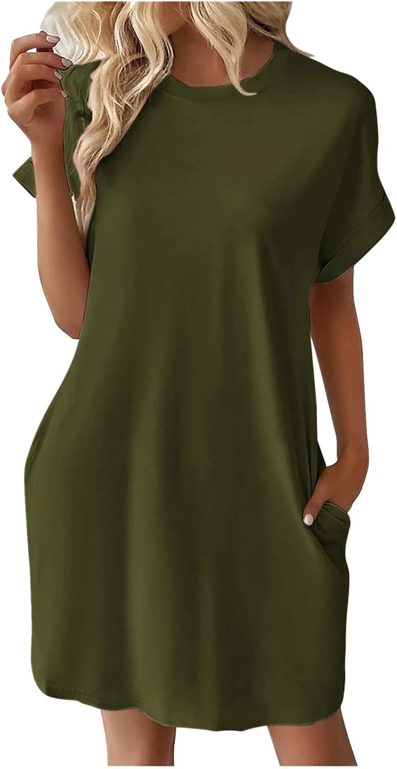 Mini Dress for Women Beach Vacation Pocket Mini Dresses for Women with Short Sleeves Summer Casual Loose Wrap Dress