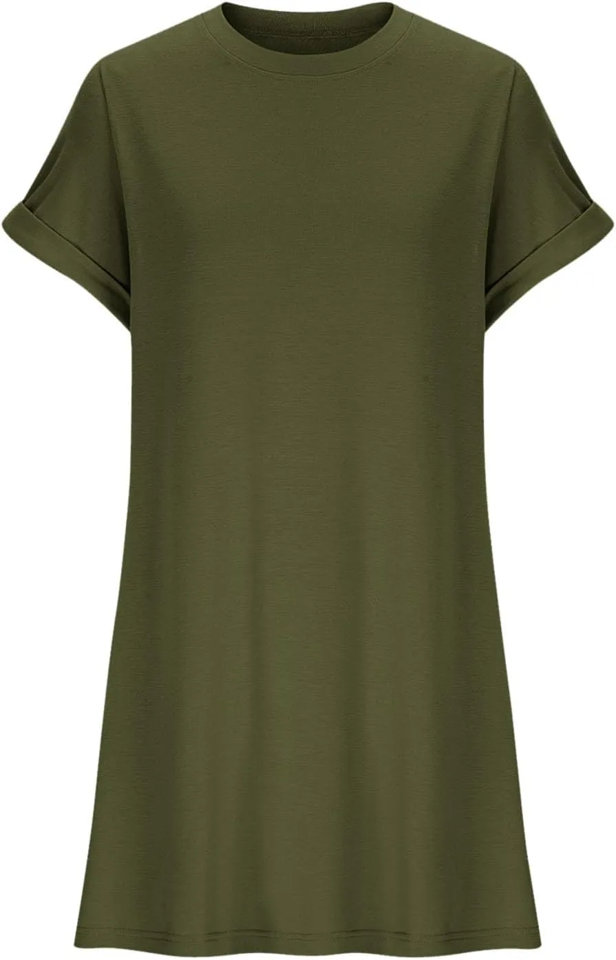 Mini Dress for Women Beach Vacation Pocket Mini Dresses for Women with Short Sleeves Summer Casual Loose Wrap Dress