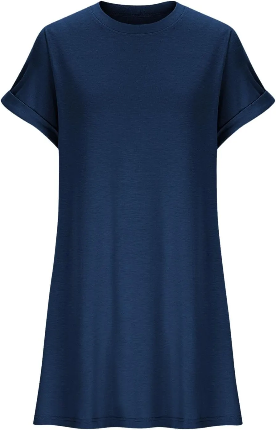 Mini Dress for Women Beach Vacation Pocket Mini Dresses for Women with Short Sleeves Summer Casual Loose Wrap Dress