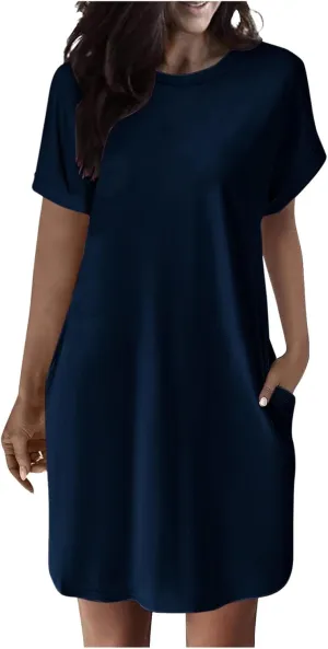 Mini Dress for Women Beach Vacation Pocket Mini Dresses for Women with Short Sleeves Summer Casual Loose Wrap Dress