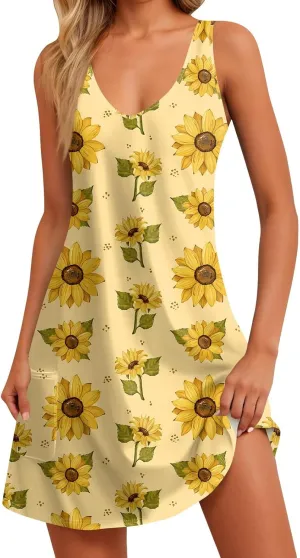 Mini Dresses for Women V Neck Floral Print Mini Dresses Sleeveless Tank Dresses Casual Sundresses Beach Cover Ups