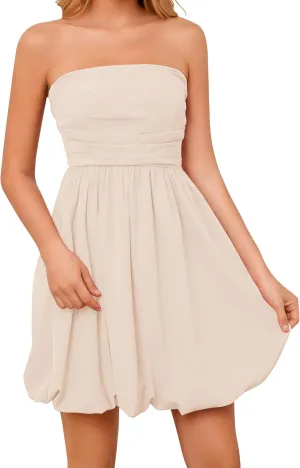 MISSACTIVER Women's Strapless Tube Top Mini Dress Ruched Sleeveless Off Shoulder Flared Short Dress Summer Party Club Dresses