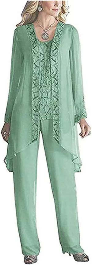 Mother of The Bride Dress Beaded Chiffon 3 Pieces Pant Suits with Outfit Formal Evening Gowns
