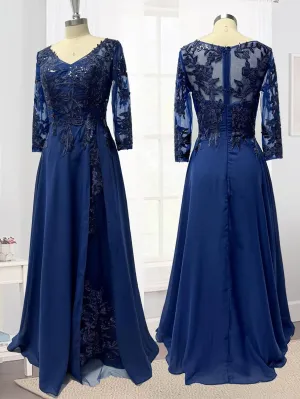 Mother of The Bride Dresses Lace Appliques Chiffon Evening Gowns for Women 3/4 Sleeves Plus Size
