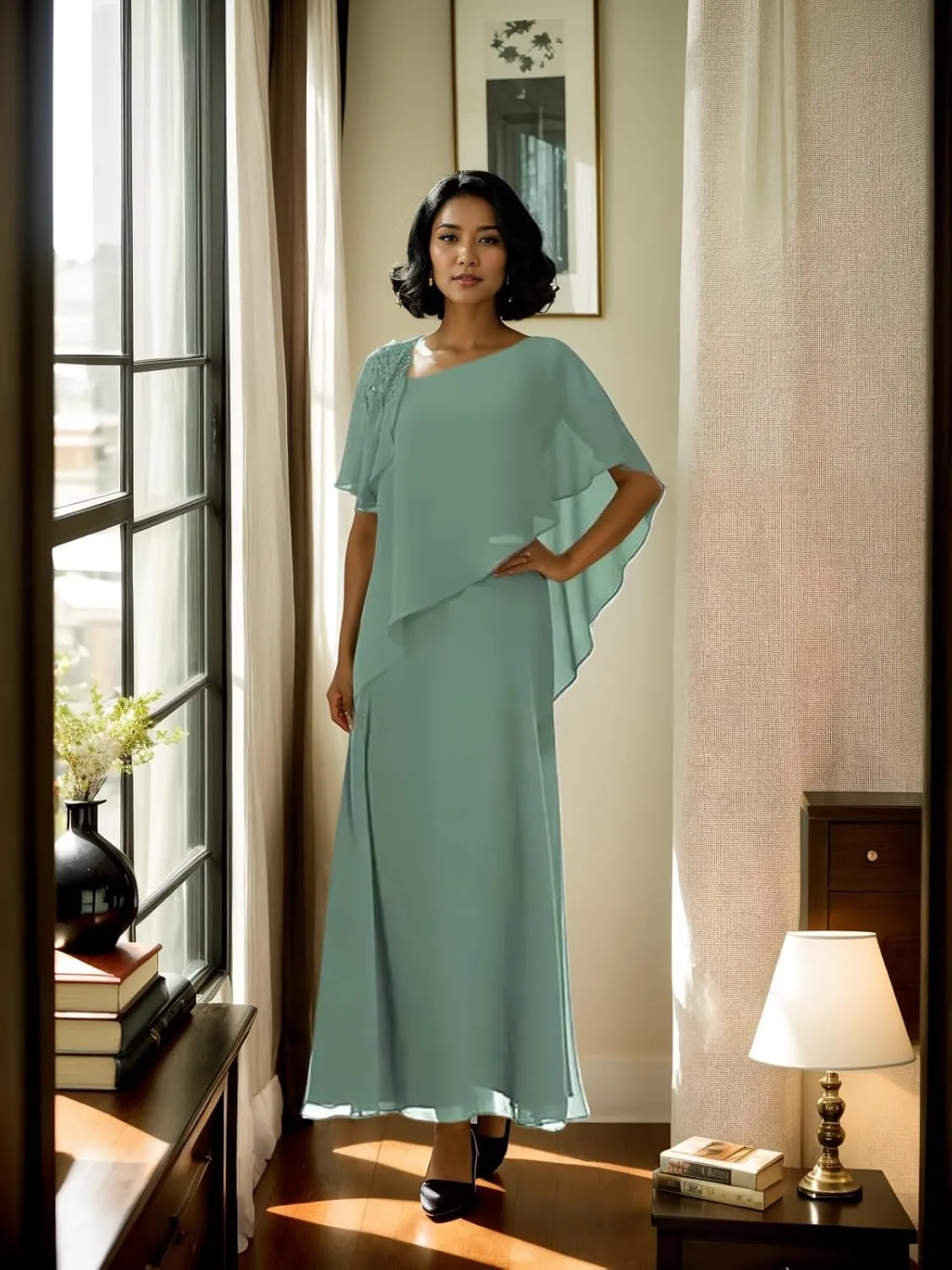 Mother of The Bride Dresses Overlay Cape Chiffon Formal Evening Gowns Long Mother of The Groom Dresses