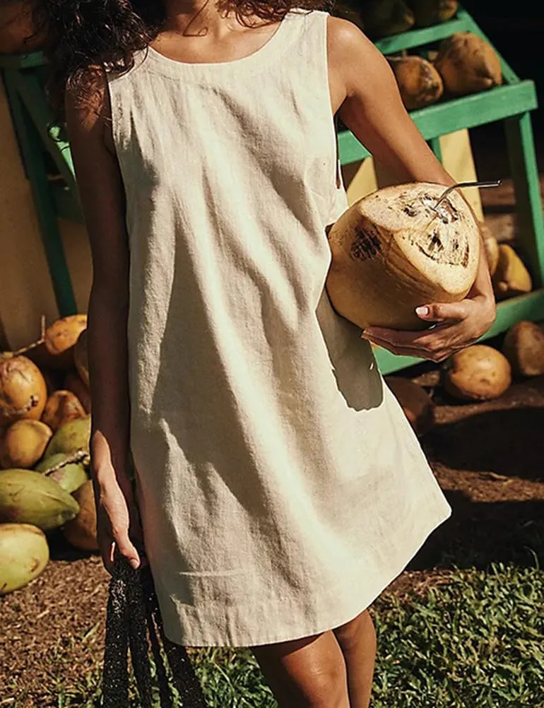 Mywinway Linen Dress Women Summer Sleeveless Low Back Tank Mini Dresses Beach Vacation Outfits with Pockets