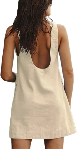 Mywinway Linen Dress Women Summer Sleeveless Low Back Tank Mini Dresses Beach Vacation Outfits with Pockets