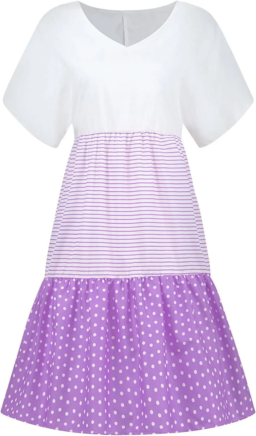 NaRHbrg Women's Casual V Neck Loose Fit Patchwork Dress Short Sleeve Boho Striped Polka Dot Summer Swing Dresses Sundress