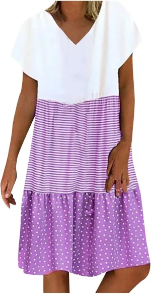 NaRHbrg Women's Casual V Neck Loose Fit Patchwork Dress Short Sleeve Boho Striped Polka Dot Summer Swing Dresses Sundress