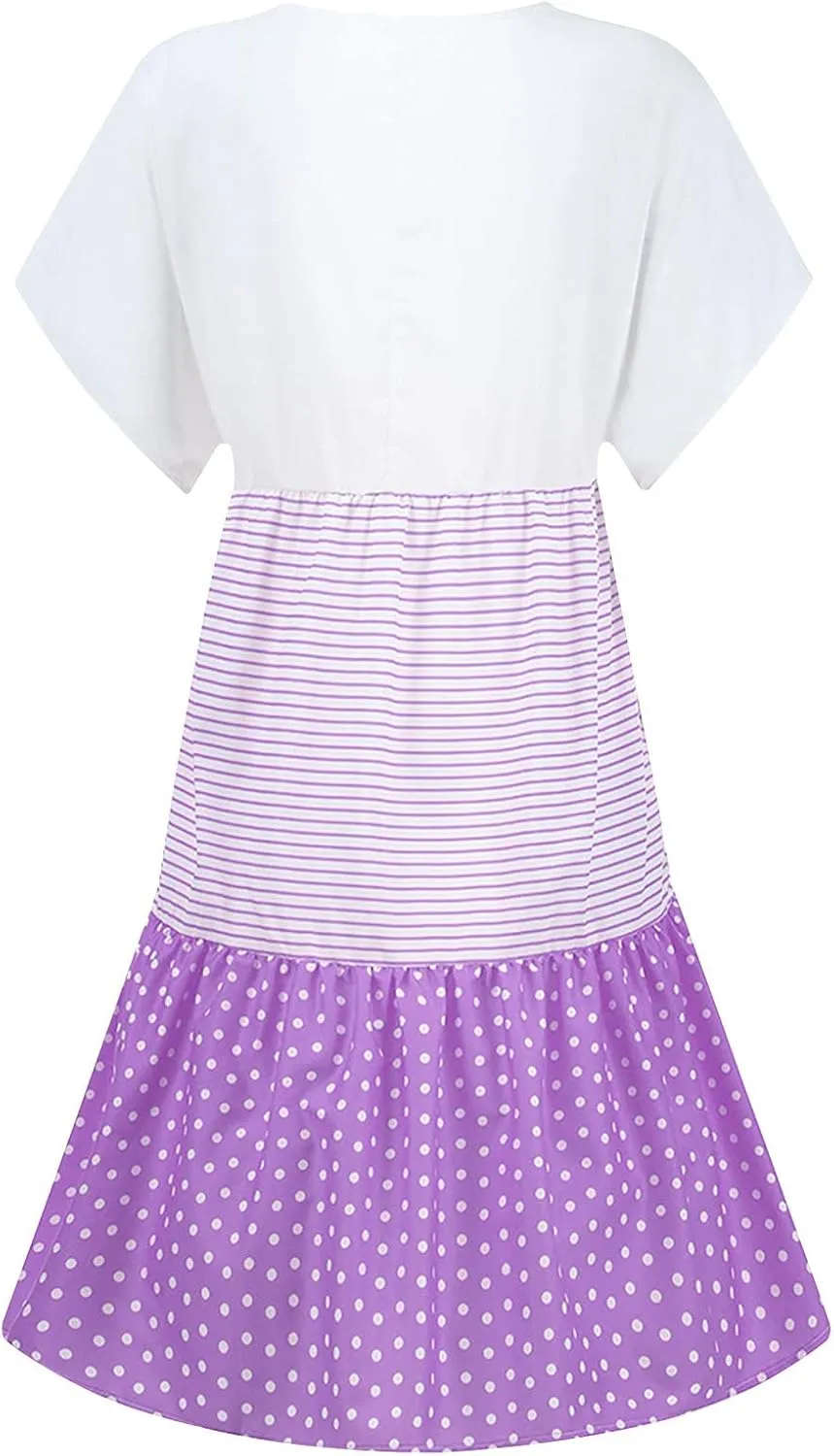 NaRHbrg Women's Casual V Neck Loose Fit Patchwork Dress Short Sleeve Boho Striped Polka Dot Summer Swing Dresses Sundress