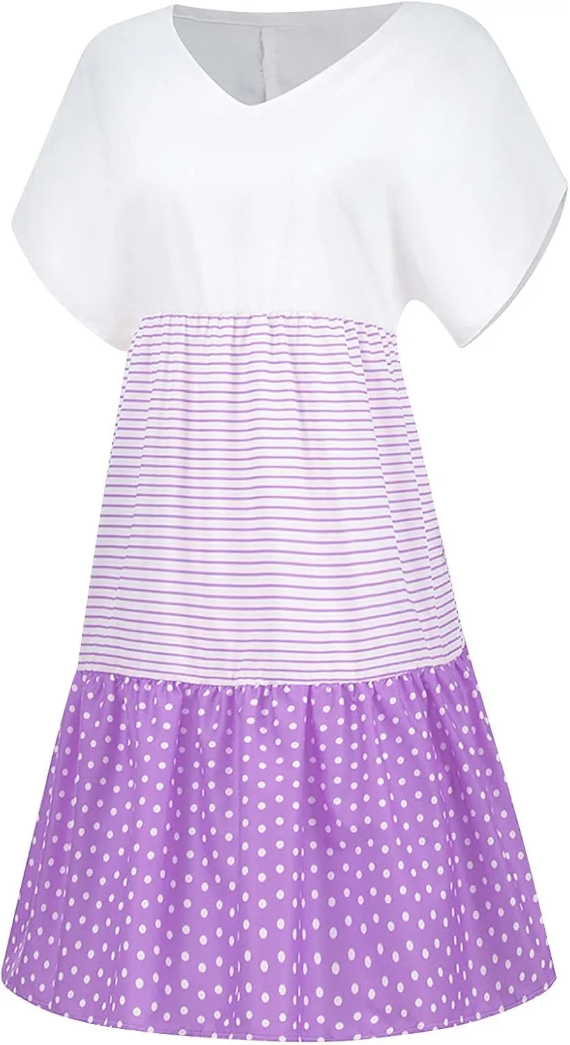 NaRHbrg Women's Casual V Neck Loose Fit Patchwork Dress Short Sleeve Boho Striped Polka Dot Summer Swing Dresses Sundress