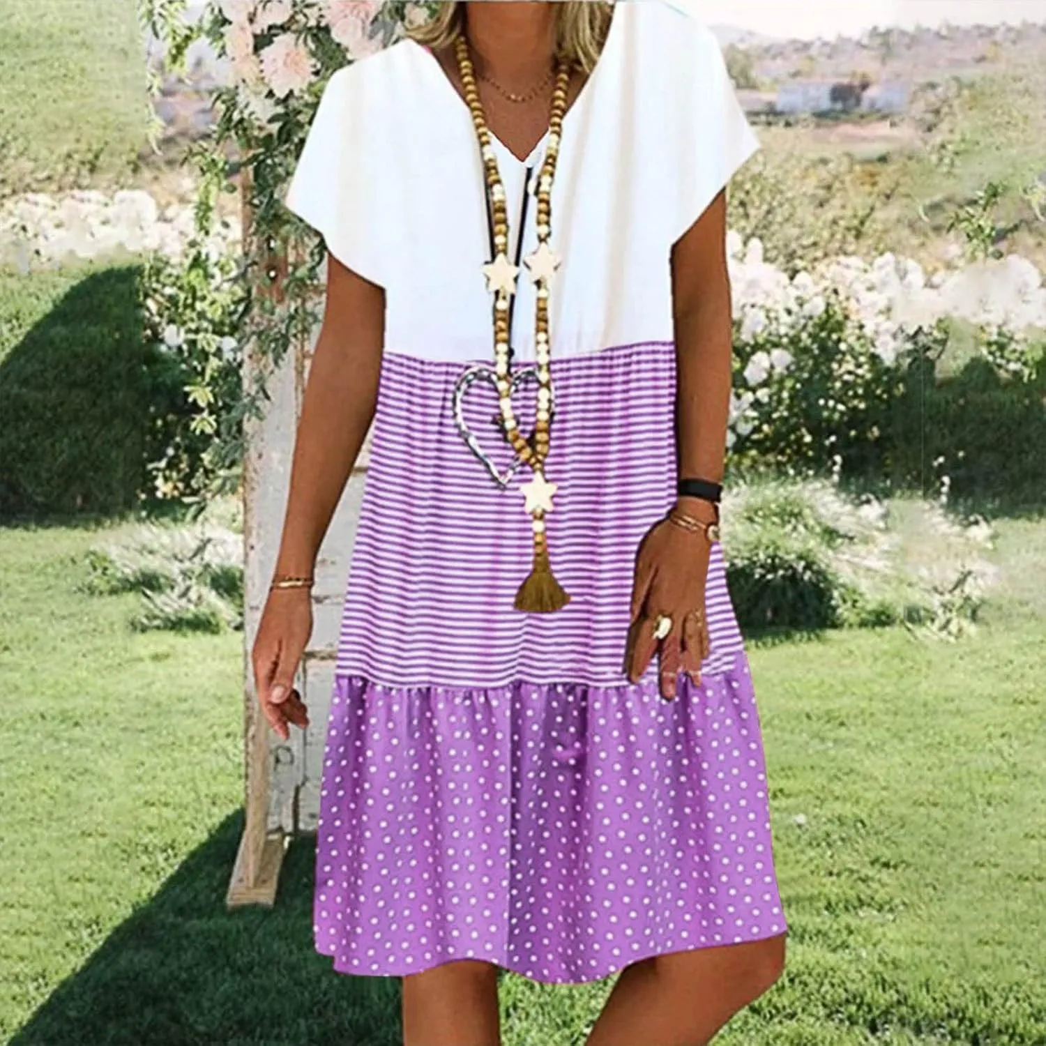 NaRHbrg Women's Casual V Neck Loose Fit Patchwork Dress Short Sleeve Boho Striped Polka Dot Summer Swing Dresses Sundress