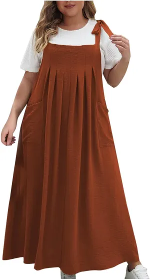 NaRHbrg Women's Plus Size Maxi Dress Loose Fit Sleeveless Casual Summer Pinafore Dresses with Pockets