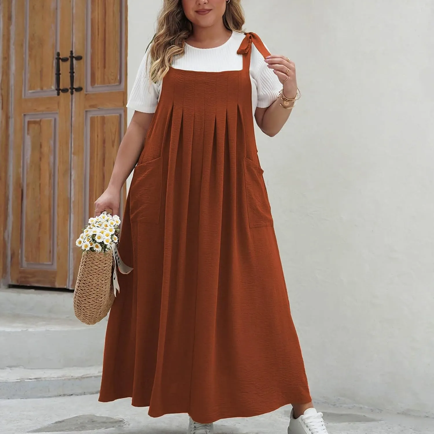 NaRHbrg Women's Plus Size Maxi Dress Loose Fit Sleeveless Casual Summer Pinafore Dresses with Pockets