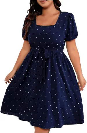 NaRHbrg Women's Plus Size Polka Dot Dress Short Puff Sleeve Square Neck A-Line Flowy Casual Dresses with Belt