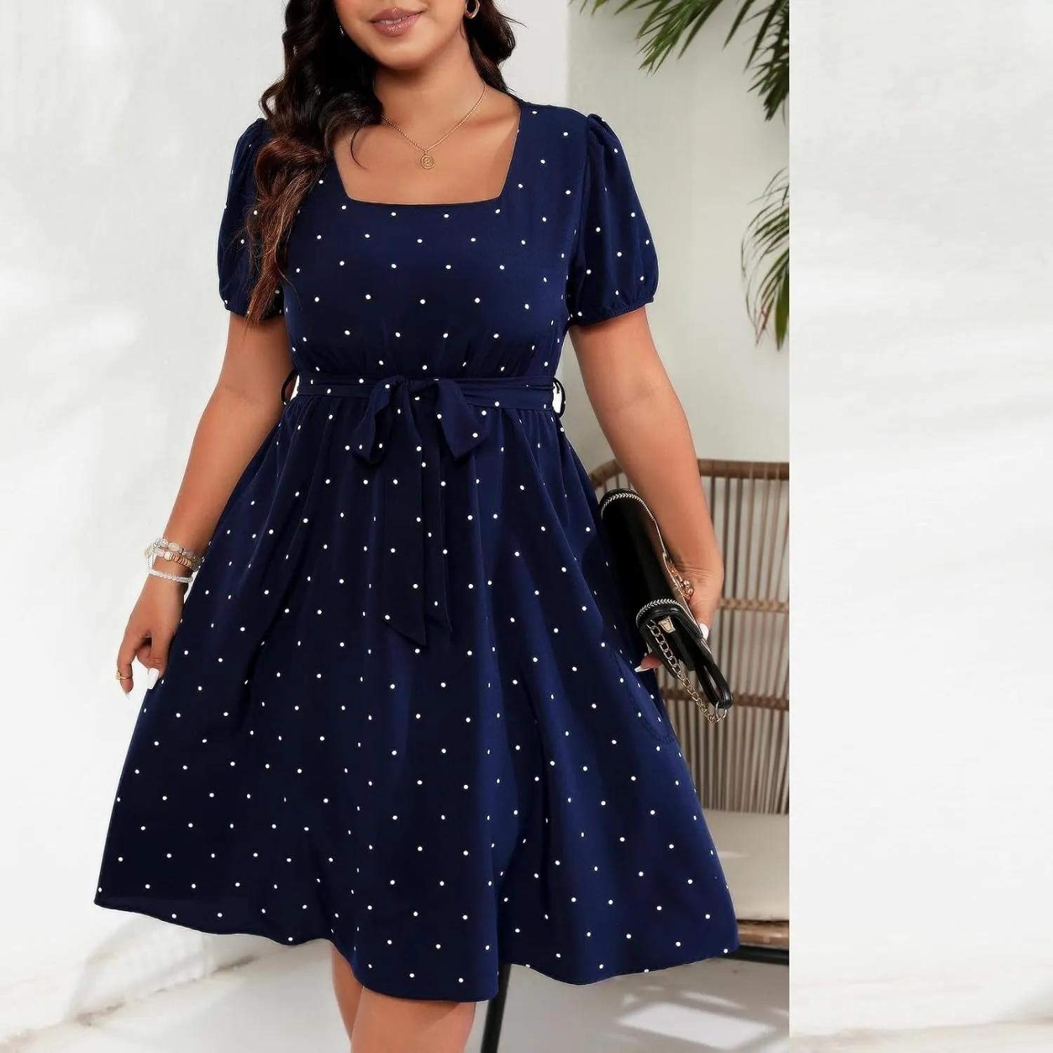 NaRHbrg Women's Plus Size Polka Dot Dress Short Puff Sleeve Square Neck A-Line Flowy Casual Dresses with Belt