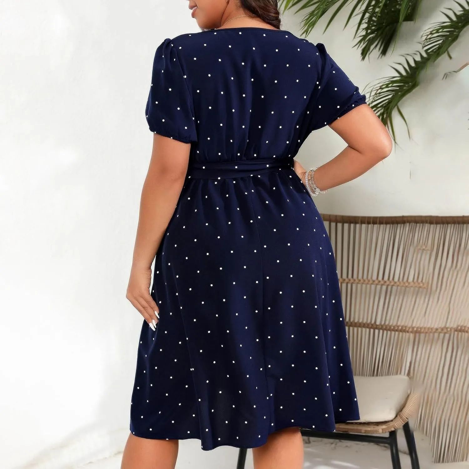 NaRHbrg Women's Plus Size Polka Dot Dress Short Puff Sleeve Square Neck A-Line Flowy Casual Dresses with Belt