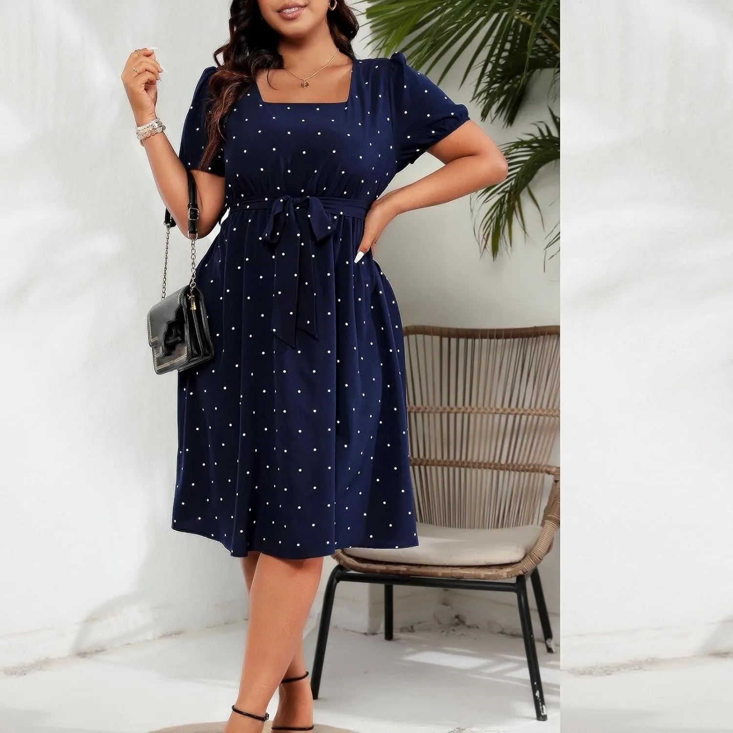 NaRHbrg Women's Plus Size Polka Dot Dress Short Puff Sleeve Square Neck A-Line Flowy Casual Dresses with Belt