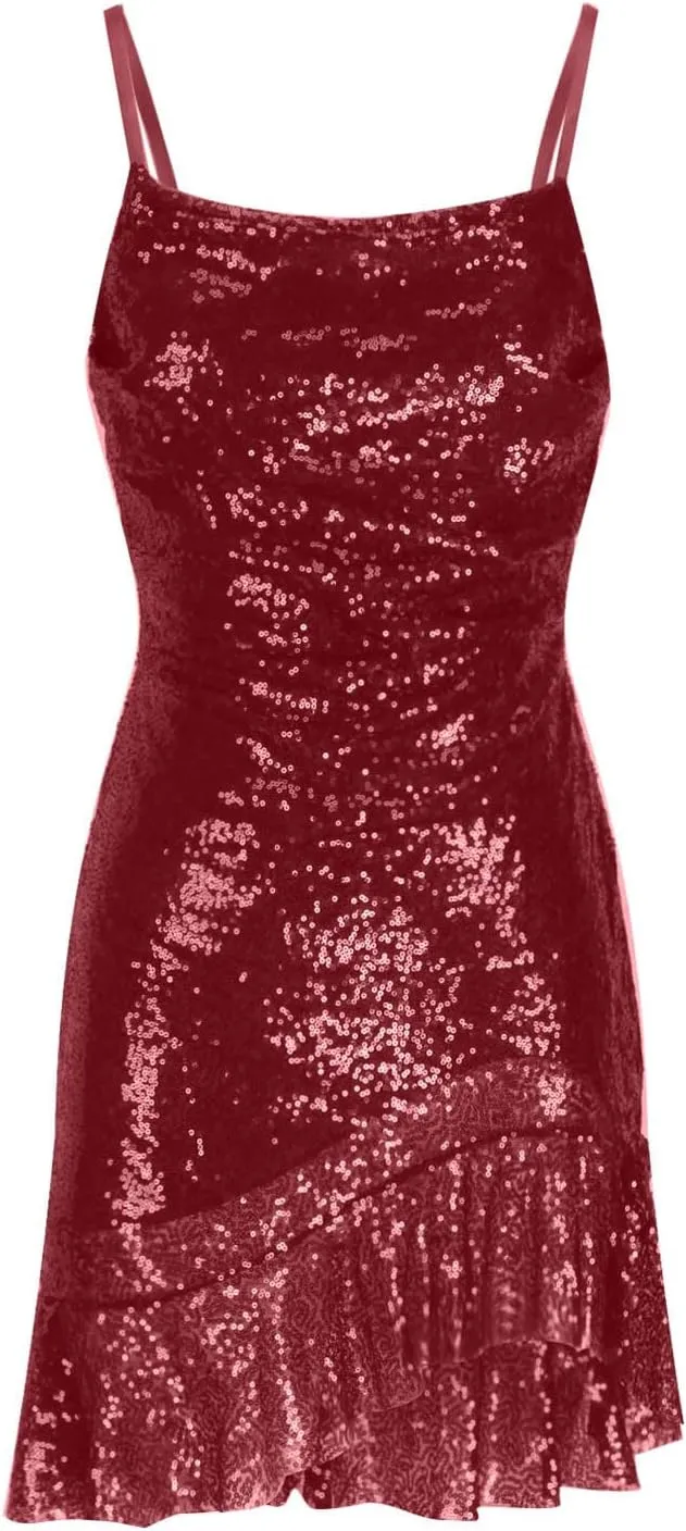 NaRHbrg Women's Sequin Mini Dress Spaghetti Strap Bodycon Sparkly Cocktail Party Dresses Sexy Clubwear Ruffle Hem Dress