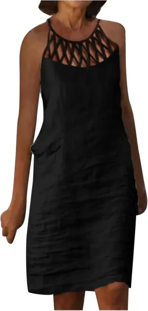 NaRHbrg Women's Summer Halter Dress Sleeveless Hollow Out Loose Fit Mini Dresses Casual Beach Sundress for Vacation