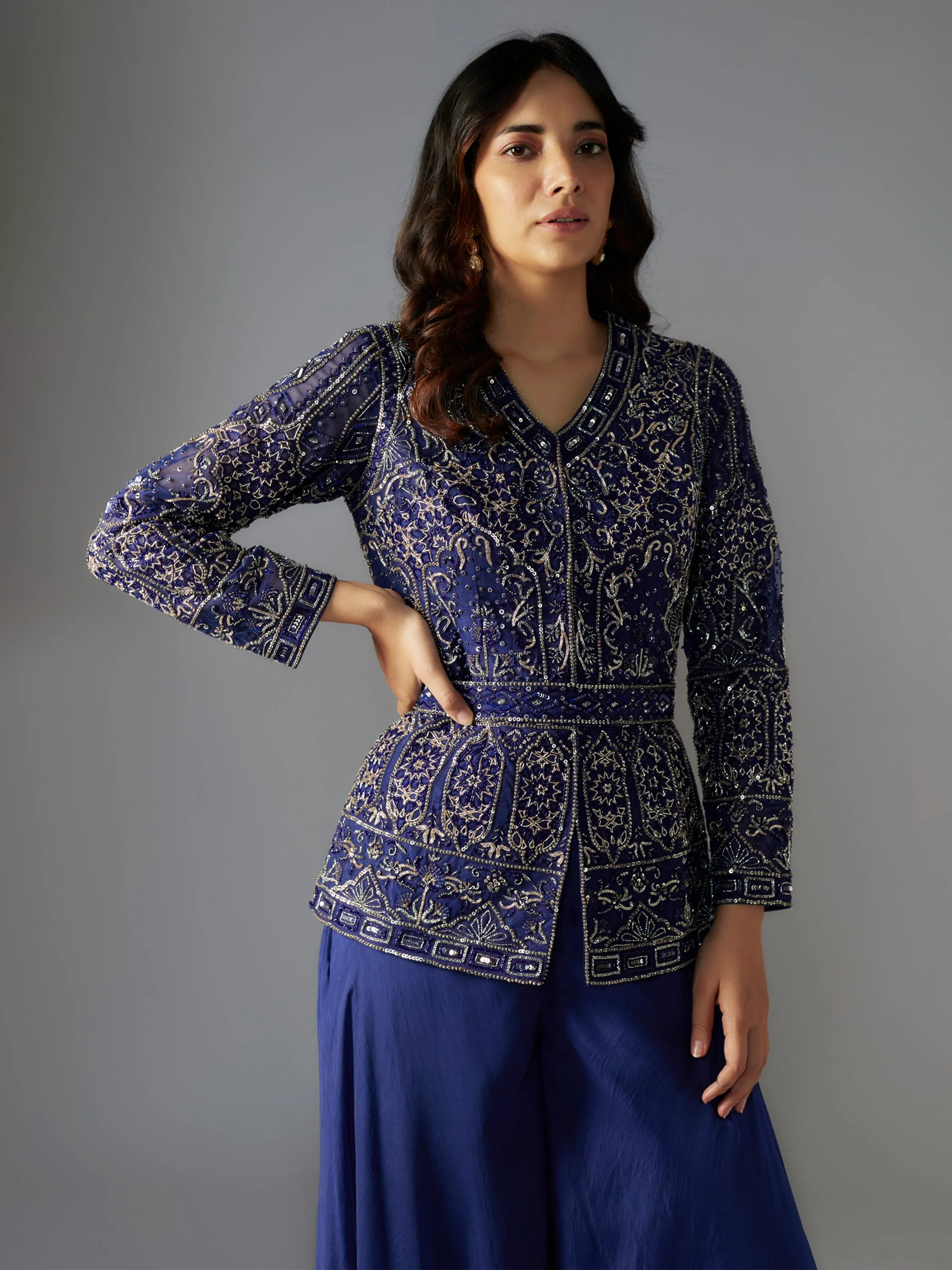 Navy Embroidered Net Jacket Set with Belt