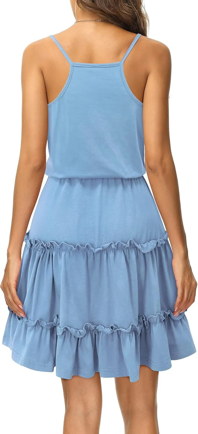 Newshows Women's 2025 Summer Dress Spaghetti Strap Casual Boho Beach Vacation Outfits Drawstring Ruffle Hem Sundress Trendy