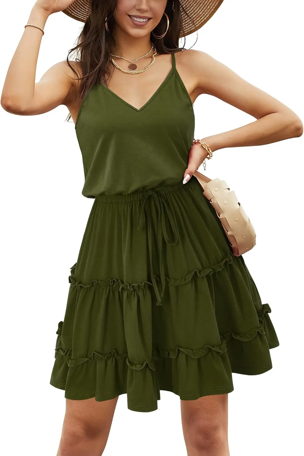 Newshows Women's 2025 Summer Dress Spaghetti Strap Casual Boho Beach Vacation Outfits Drawstring Ruffle Hem Sundress Trendy