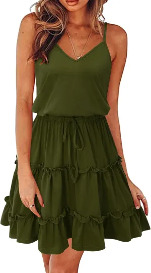 Newshows Women's 2025 Summer Dress Spaghetti Strap Casual Boho Beach Vacation Outfits Drawstring Ruffle Hem Sundress Trendy
